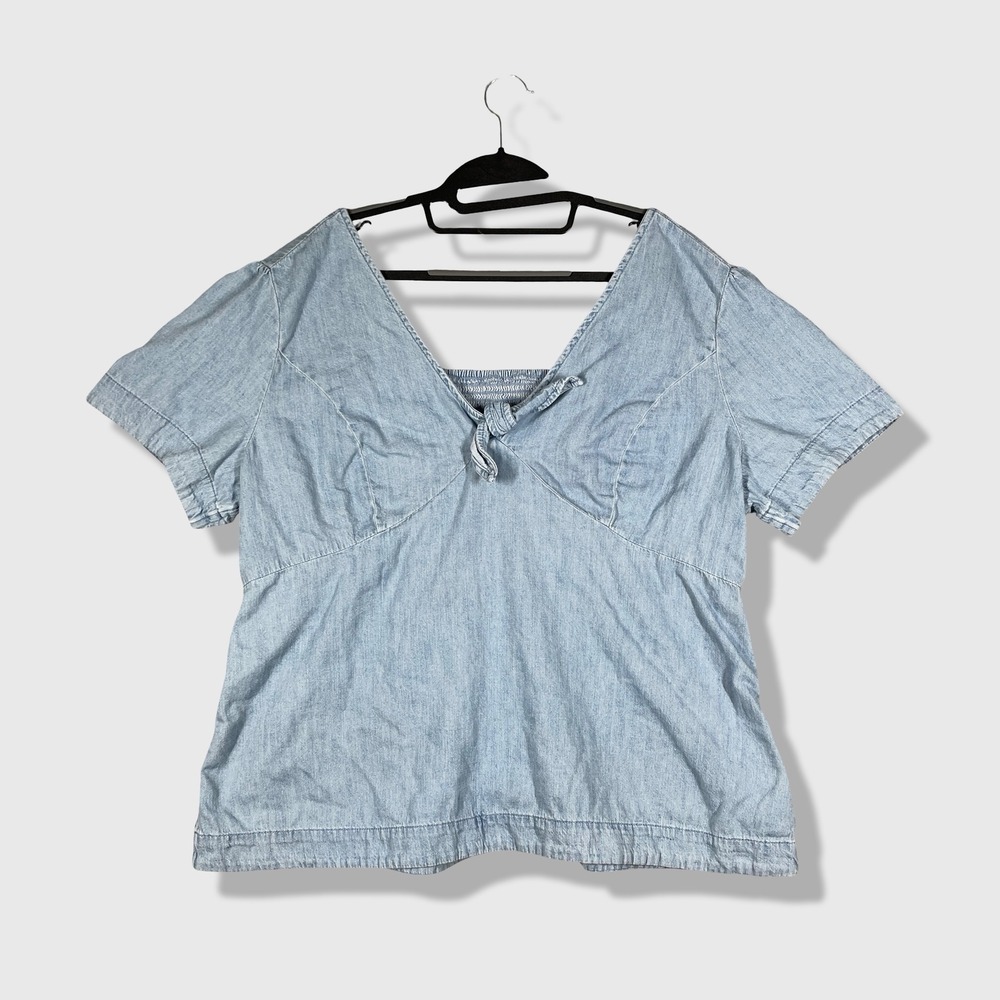 Old Navy Denim Top Womens XXL Blue Smocked Tie Front‎ Peplum Cottagecore Cowgirl